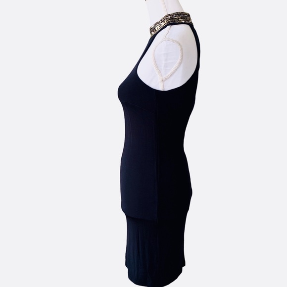 BEBE EMBELLISHED HIGH NECK BLACK BODYCON MINIDRESS - Picture 6 of 16
